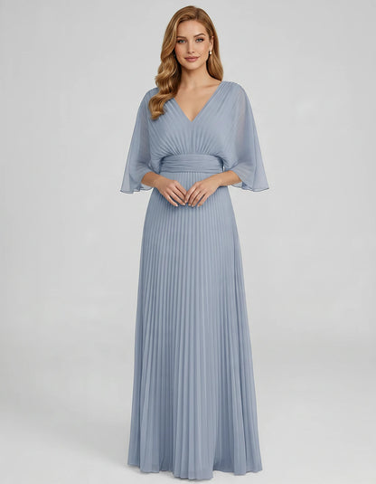 Pleated Chiffon 3/4 Sleeve V-Neck A-Line Maxi Dress for Party, Cocktail, Evening, Wedding Guest, Summer Events, front view | 