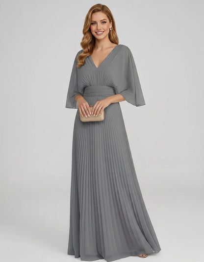 Pleated Chiffon 3/4 Sleeve V-Neck A-Line Maxi Dress for Party, Cocktail, Evening, Wedding Guest, Summer Events, front view | 