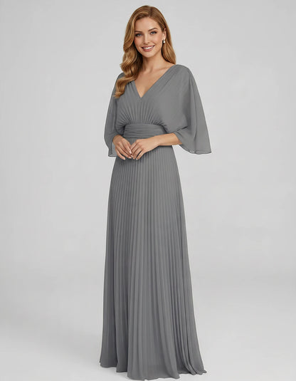 Pleated Chiffon 3/4 Sleeve V-Neck A-Line Maxi Dress for Party, Cocktail, Evening, Wedding Guest, Summer Events, front view | 