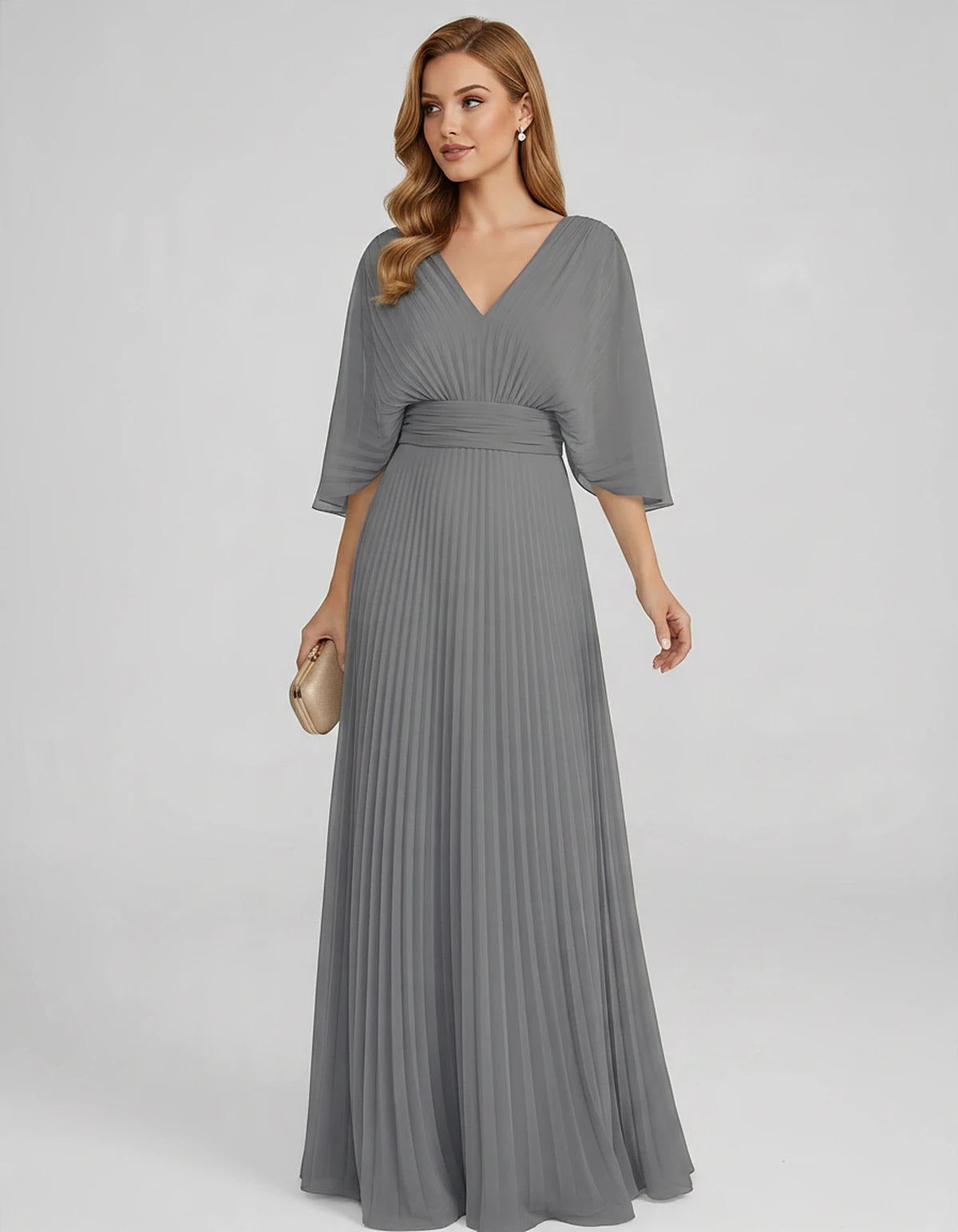 Pleated Chiffon 3/4 Sleeve V-Neck A-Line Maxi Dress for Party, Cocktail, Evening, Wedding Guest, Summer Events, front view | 