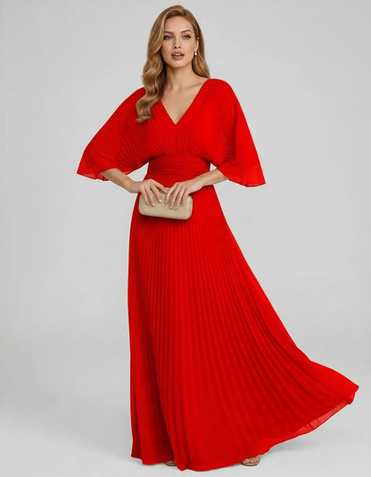 Pleated Chiffon 3/4 Sleeve V-Neck A-Line Maxi Dress for Party, Cocktail, Evening, Wedding Guest, Summer Events, front view | 