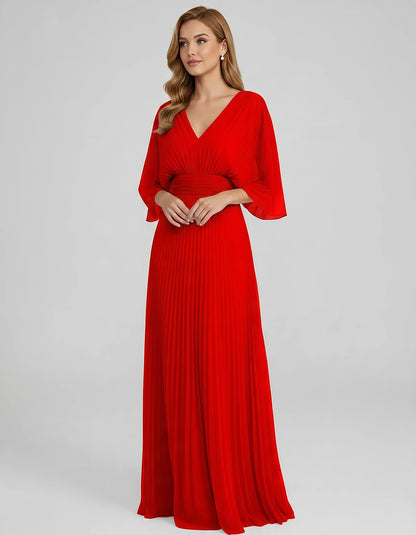 Pleated Chiffon 3/4 Sleeve V-Neck A-Line Maxi Dress for Party, Cocktail, Evening, Wedding Guest, Summer Events, front view | 