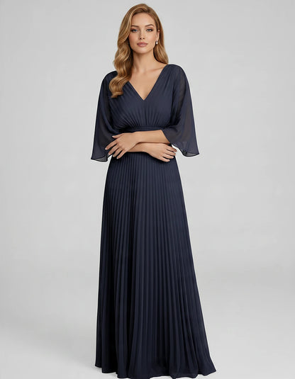 Pleated Chiffon 3/4 Sleeve V-Neck A-Line Maxi Dress for Party, Cocktail, Evening, Wedding Guest, Summer Events, front view | 