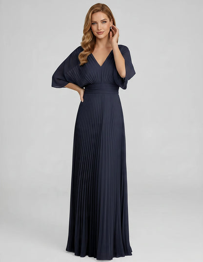 Pleated Chiffon 3/4 Sleeve V-Neck A-Line Maxi Dress for Party, Cocktail, Evening, Wedding Guest, Summer Events, front view | 