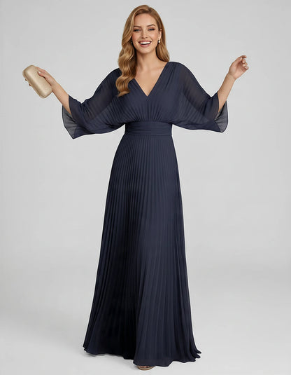Pleated Chiffon 3/4 Sleeve V-Neck A-Line Maxi Dress for Party, Cocktail, Evening, Wedding Guest, Summer Events, front view | 