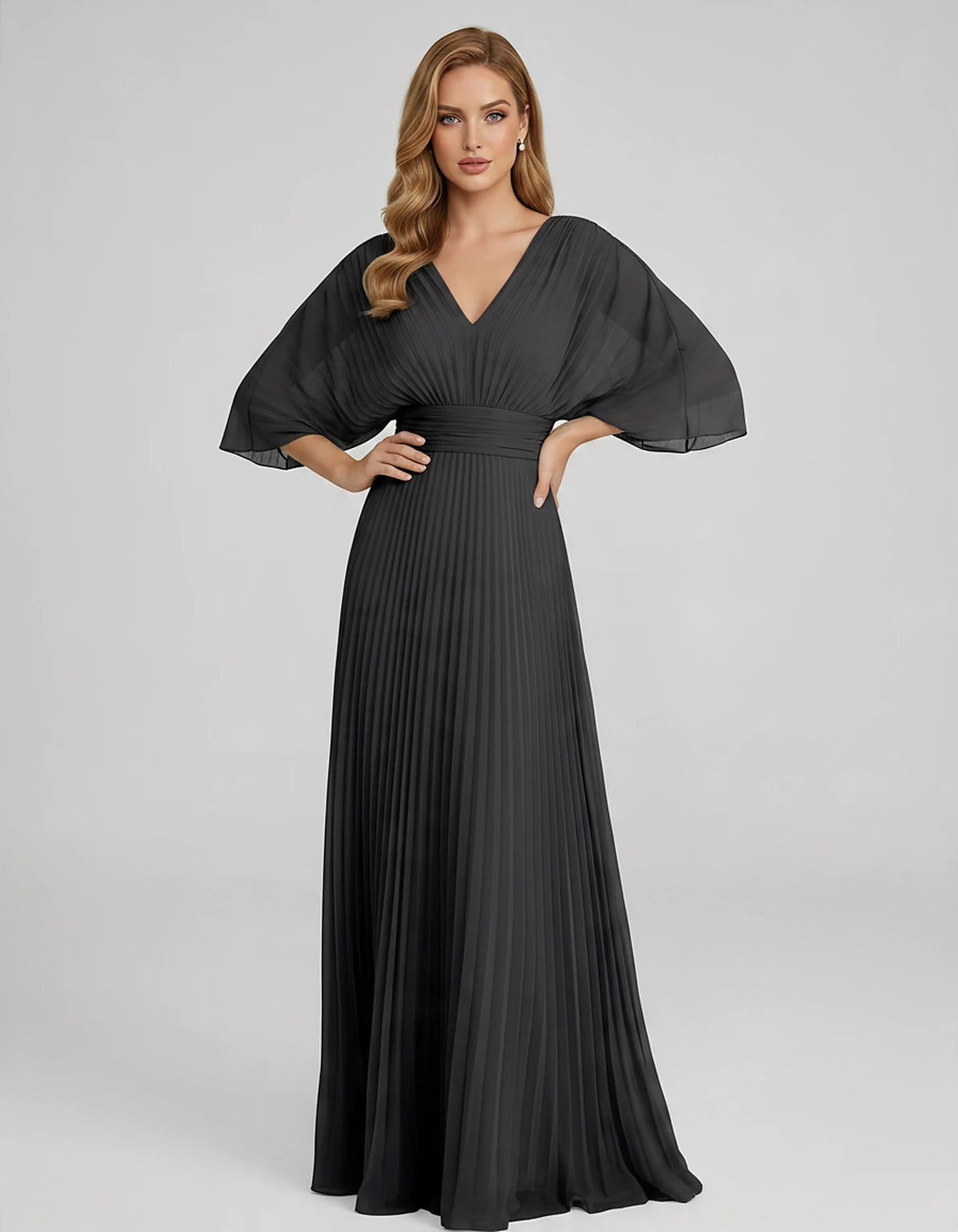 Pleated Chiffon 3/4 Sleeve V-Neck A-Line Maxi Dress for Party, Cocktail, Evening, Wedding Guest, Summer Events, front view | 