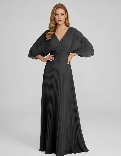 Pleated Chiffon 3/4 Sleeve V-Neck A-Line Maxi Dress for Party, Cocktail, Evening, Wedding Guest, Summer Events, front view | 