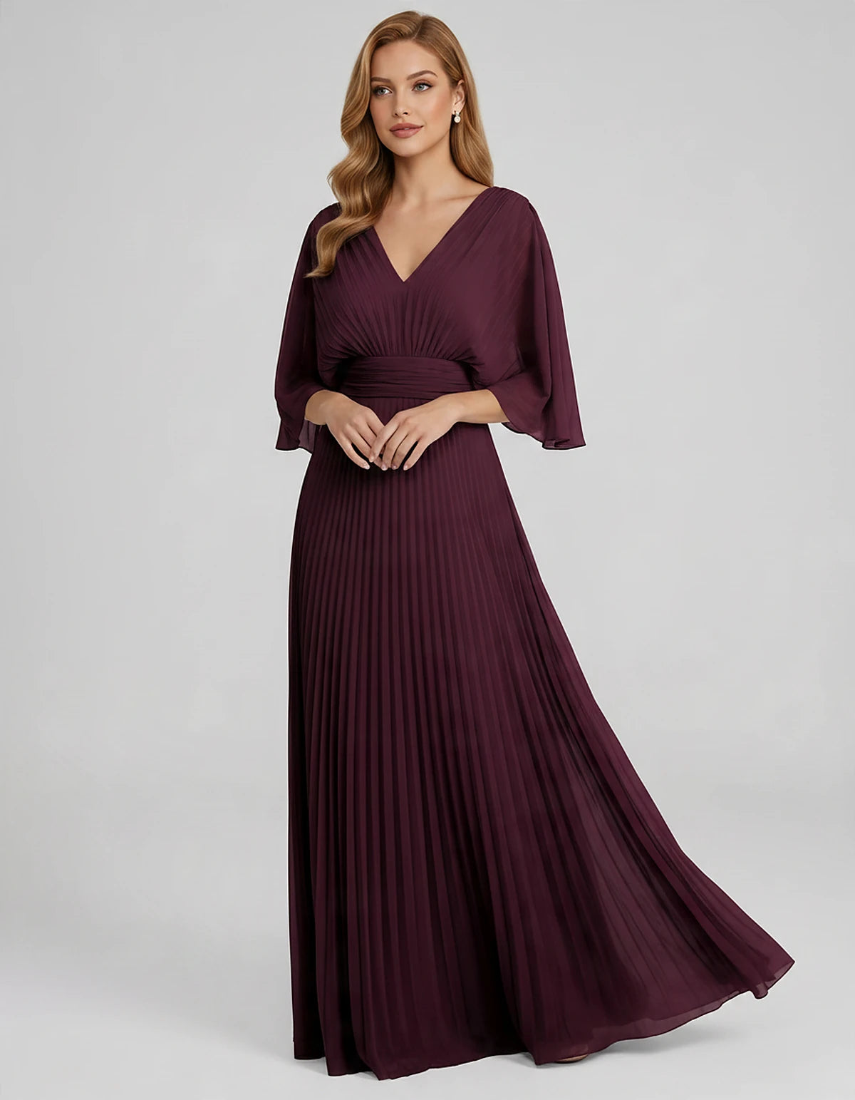 Pleated Chiffon 3/4 Sleeve V-Neck A-Line Maxi Dress for Party, Cocktail, Evening, Wedding Guest, Summer Events, front view | 
