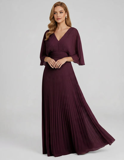 Pleated Chiffon 3/4 Sleeve V-Neck A-Line Maxi Dress for Party, Cocktail, Evening, Wedding Guest, Summer Events, front view | 