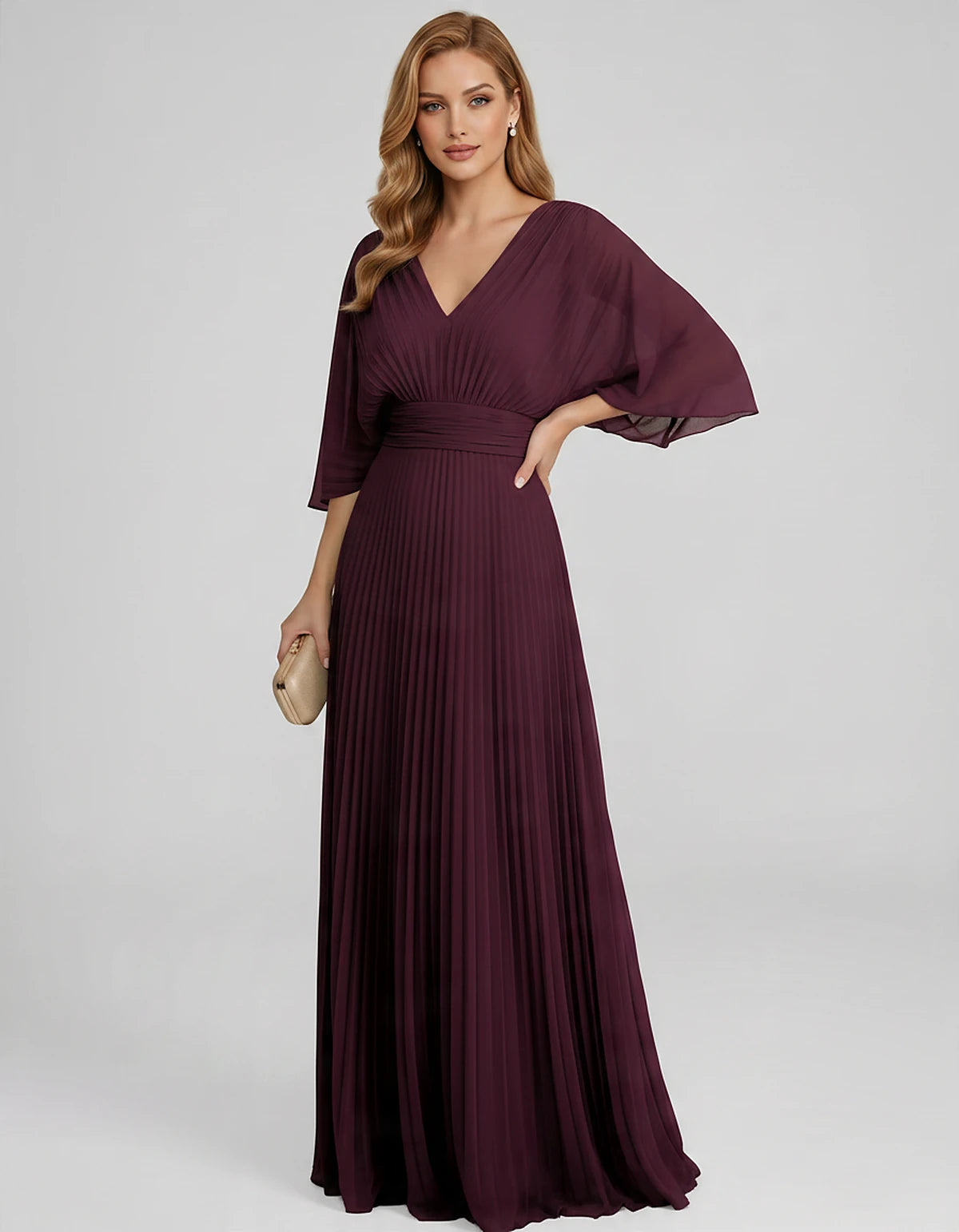 Pleated Chiffon 3/4 Sleeve V-Neck A-Line Maxi Dress for Party, Cocktail, Evening, Wedding Guest, Summer Events, front view | 