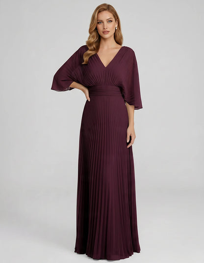 Pleated Chiffon 3/4 Sleeve V-Neck A-Line Maxi Dress for Party, Cocktail, Evening, Wedding Guest, Summer Events, front view | 