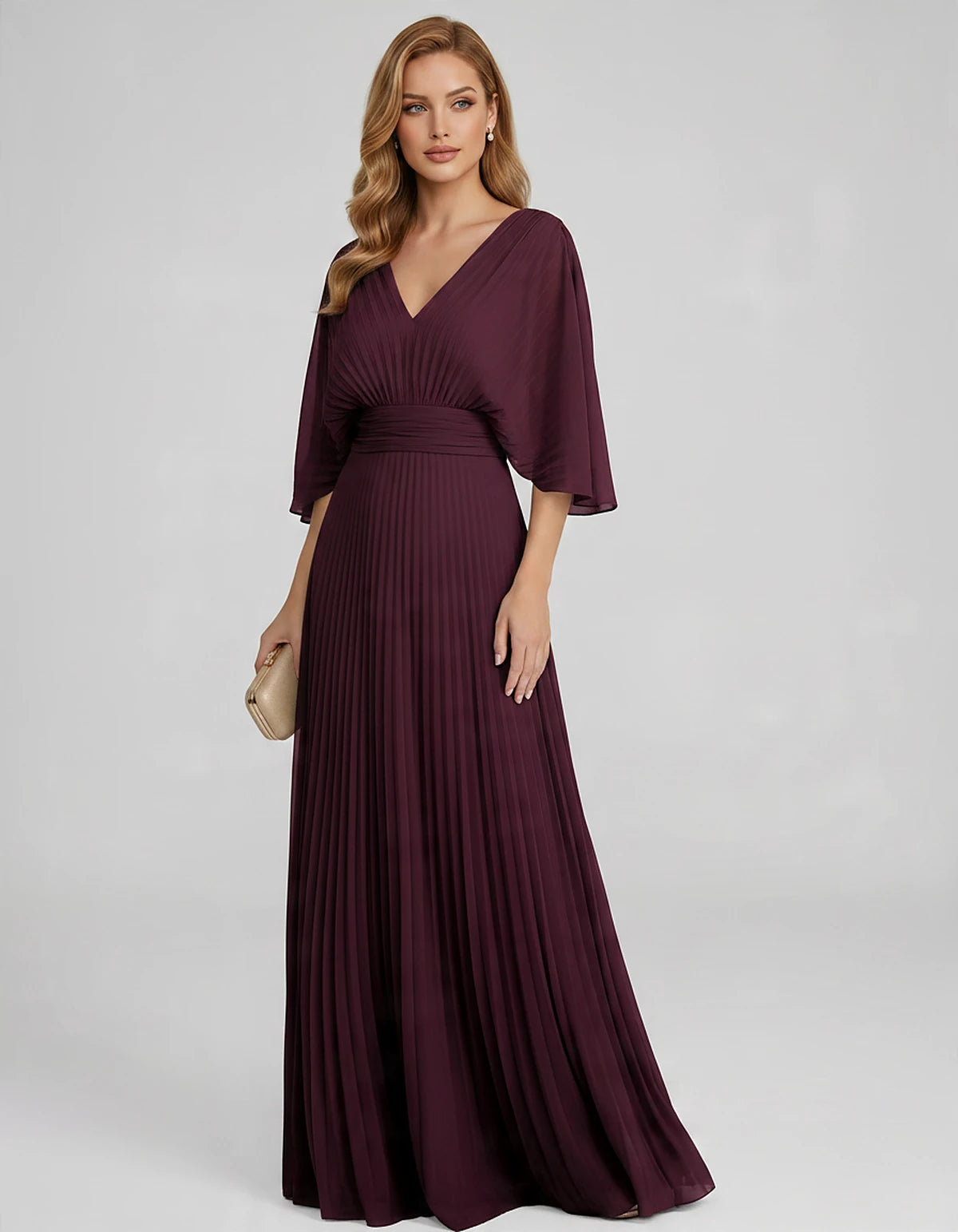 Pleated Chiffon 3/4 Sleeve V-Neck A-Line Maxi Dress for Party, Cocktail, Evening, Wedding Guest, Summer Events, front view | 