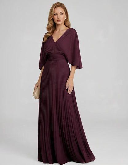 Pleated Chiffon 3/4 Sleeve V-Neck A-Line Maxi Dress for Party, Cocktail, Evening, Wedding Guest, Summer Events, front view | 