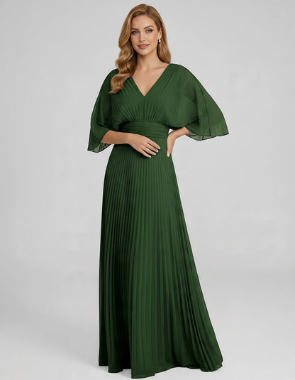 Pleated Chiffon 3/4 Sleeve V-Neck A-Line Maxi Dress for Party, Cocktail, Evening, Wedding Guest, Summer Events, front view | 