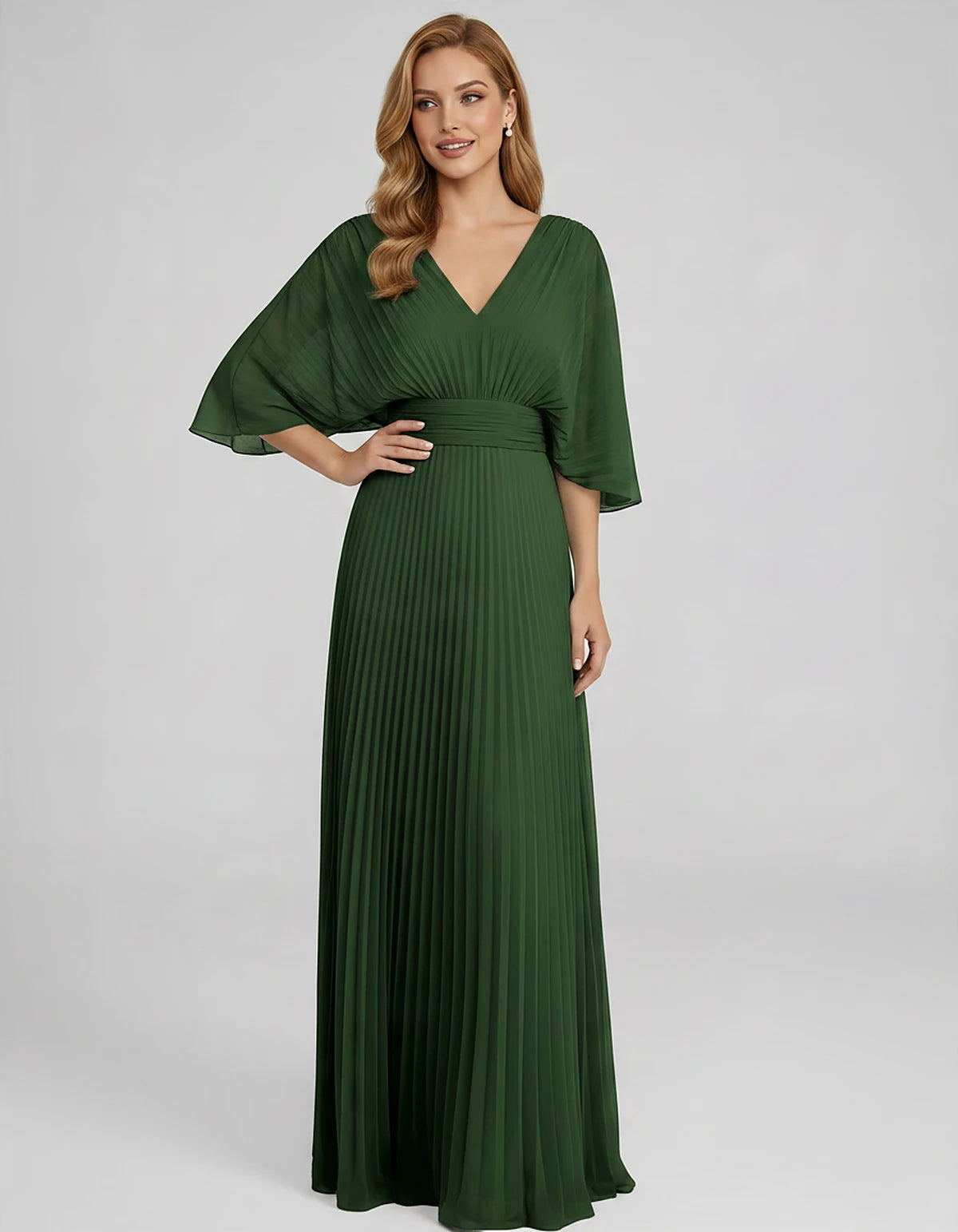 Pleated Chiffon 3/4 Sleeve V-Neck A-Line Maxi Dress for Party, Cocktail, Evening, Wedding Guest, Summer Events, front view | 