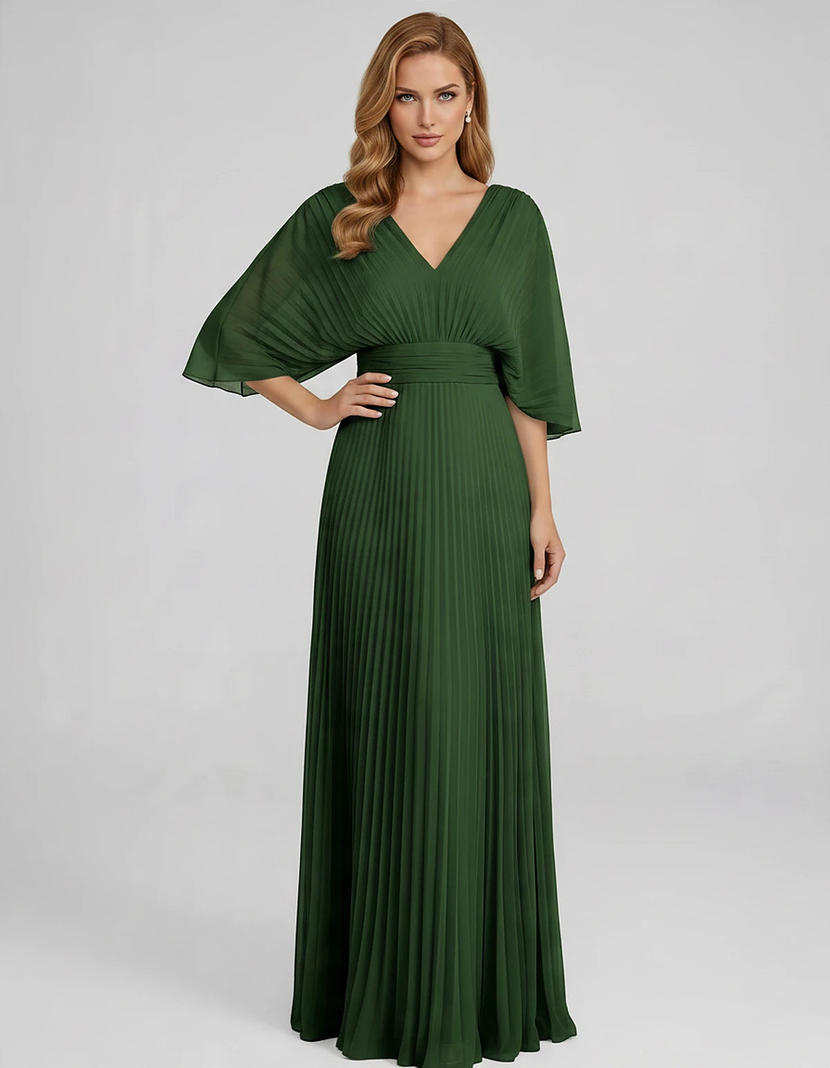 Pleated Chiffon 3/4 Sleeve V-Neck A-Line Maxi Dress for Party, Cocktail, Evening, Wedding Guest, Summer Events, front view | 