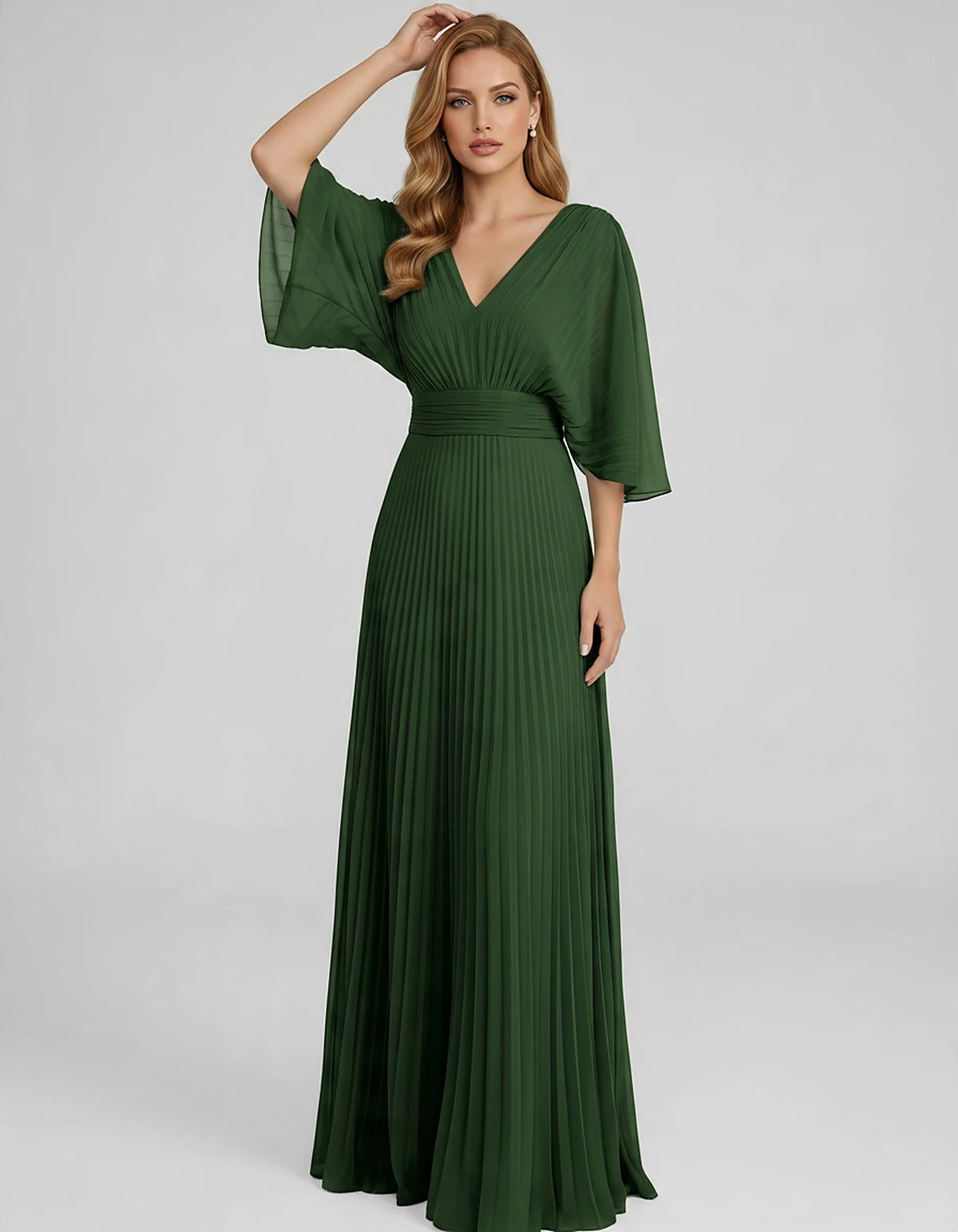 Pleated Chiffon 3/4 Sleeve V-Neck A-Line Maxi Dress for Party, Cocktail, Evening, Wedding Guest, Summer Events, front view | 