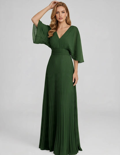 Pleated Chiffon 3/4 Sleeve V-Neck A-Line Maxi Dress for Party, Cocktail, Evening, Wedding Guest, Summer Events, front view | 