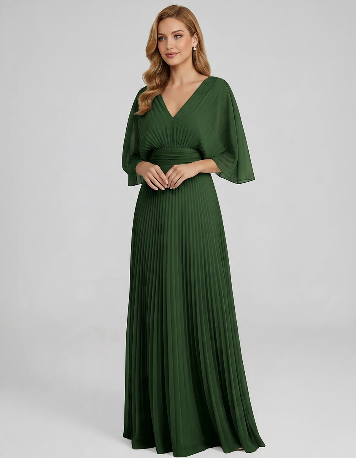Pleated Chiffon 3/4 Sleeve V-Neck A-Line Maxi Dress for Party, Cocktail, Evening, Wedding Guest, Summer Events, front view | 