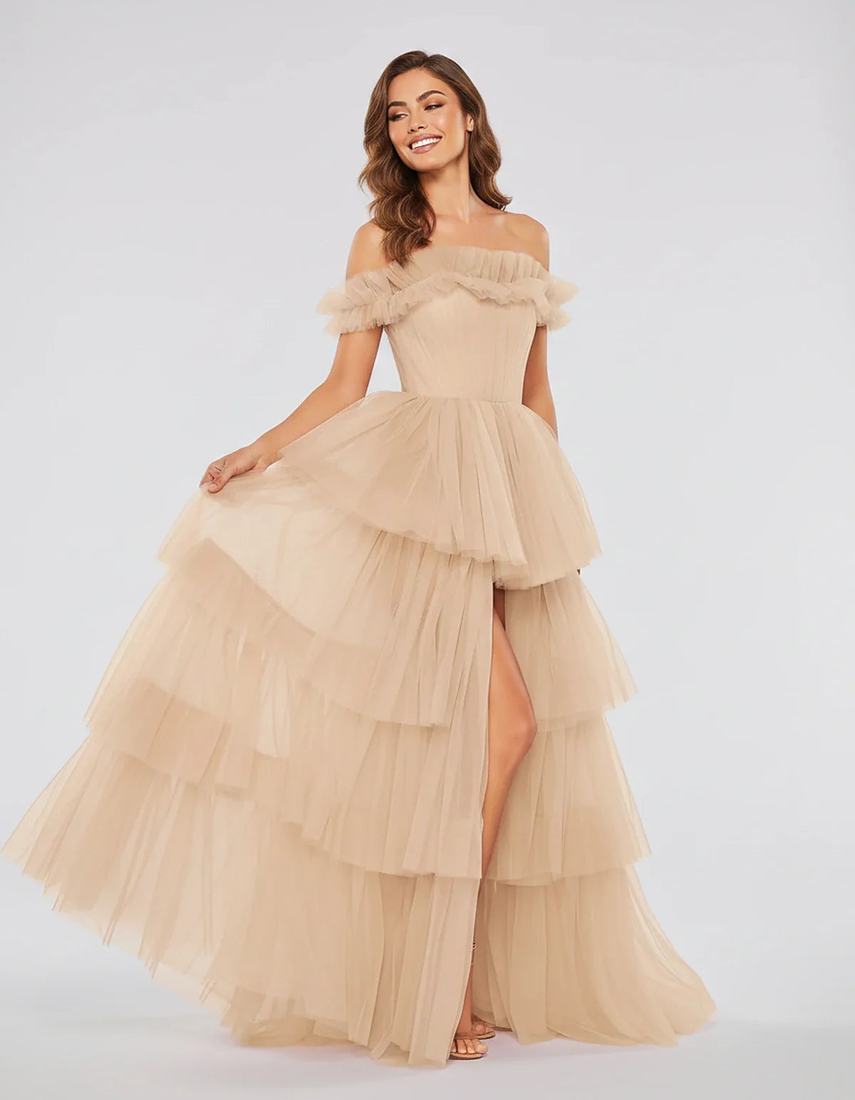 Tulle Off-Shoulder Ruffle Sleeve A-Line Maxi Dress for Party, Cocktail, Evening, Wedding Guest, Prom & Summer Events, front v | SKU: CMD-581473920684157-BEIGE-L,CMD-581473920684157-BEIGE-M,CMD-581473920684157-BEIGE-S,CMD-581473920684157-BEIGE-XL,CMD-581473920684157-BEIGE-XS
