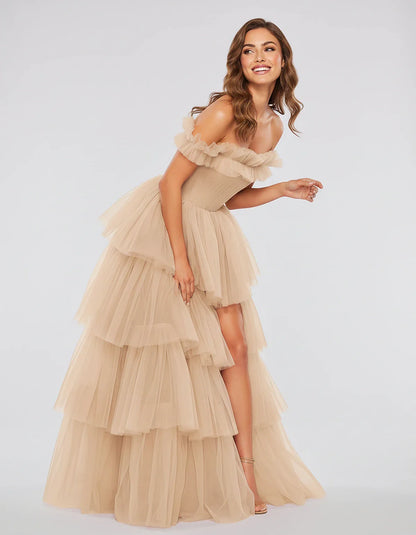 Tulle Off-Shoulder Ruffle Sleeve A-Line Maxi Dress for Party, Cocktail, Evening, Wedding Guest, Prom & Summer Events, side vi | SKU: CMD-581473920684157-BEIGE-L,CMD-581473920684157-BEIGE-M,CMD-581473920684157-BEIGE-S,CMD-581473920684157-BEIGE-XL,CMD-581473920684157-BEIGE-XS