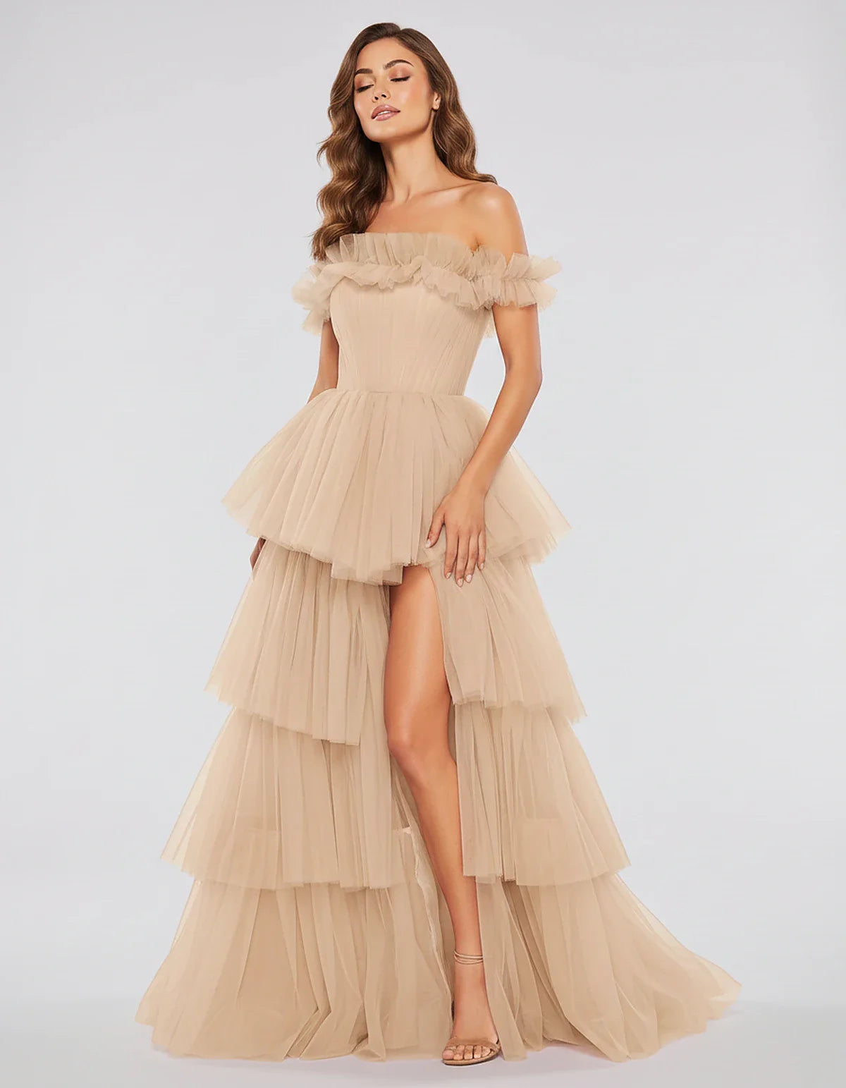Tulle Off-Shoulder Ruffle Sleeve A-Line Maxi Dress for Party, Cocktail, Evening, Wedding Guest, Prom & Summer Events, front v | SKU: CMD-581473920684157-BEIGE-L,CMD-581473920684157-BEIGE-M,CMD-581473920684157-BEIGE-S,CMD-581473920684157-BEIGE-XL,CMD-581473920684157-BEIGE-XS
