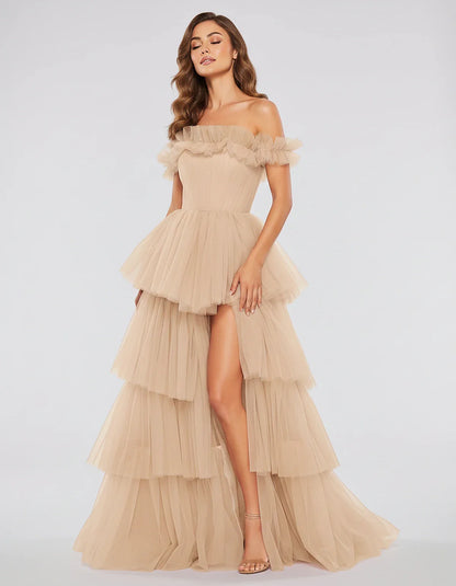 Tulle Off-Shoulder Ruffle Sleeve A-Line Maxi Dress for Party, Cocktail, Evening, Wedding Guest, Prom & Summer Events, front v | SKU: CMD-581473920684157-BEIGE-L,CMD-581473920684157-BEIGE-M,CMD-581473920684157-BEIGE-S,CMD-581473920684157-BEIGE-XL,CMD-581473920684157-BEIGE-XS