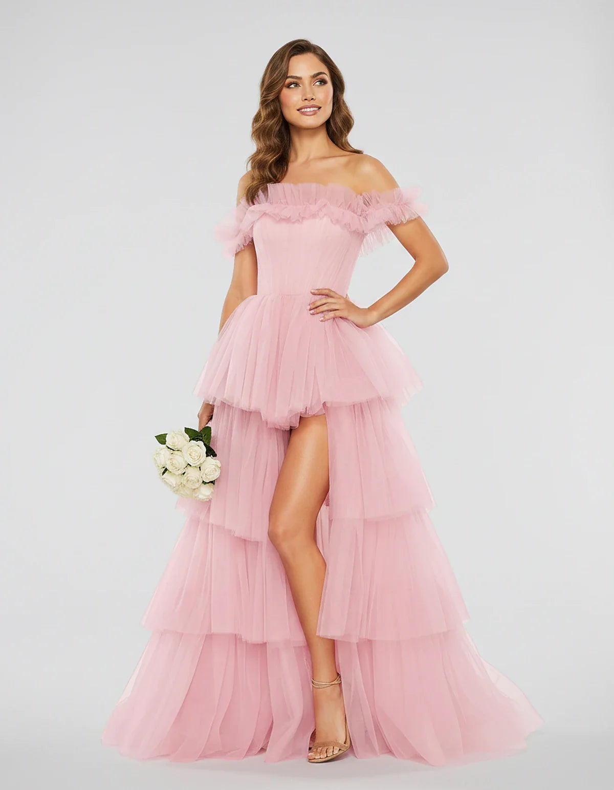 Tulle Off-Shoulder Ruffle Sleeve A-Line Maxi Dress for Party, Cocktail, Evening, Wedding Guest, Prom & Summer Events, front v | SKU: CMD-581473920684157-PINK-L,CMD-581473920684157-PINK-M,CMD-581473920684157-PINK-S,CMD-581473920684157-PINK-XL,CMD-581473920684157-PINK-XS