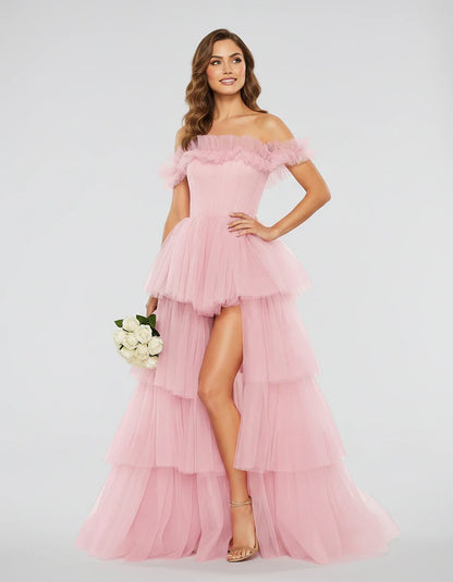 Tulle Off-Shoulder Ruffle Sleeve A-Line Maxi Dress for Party, Cocktail, Evening, Wedding Guest, Prom & Summer Events, front v | SKU: CMD-581473920684157-PINK-L,CMD-581473920684157-PINK-M,CMD-581473920684157-PINK-S,CMD-581473920684157-PINK-XL,CMD-581473920684157-PINK-XS