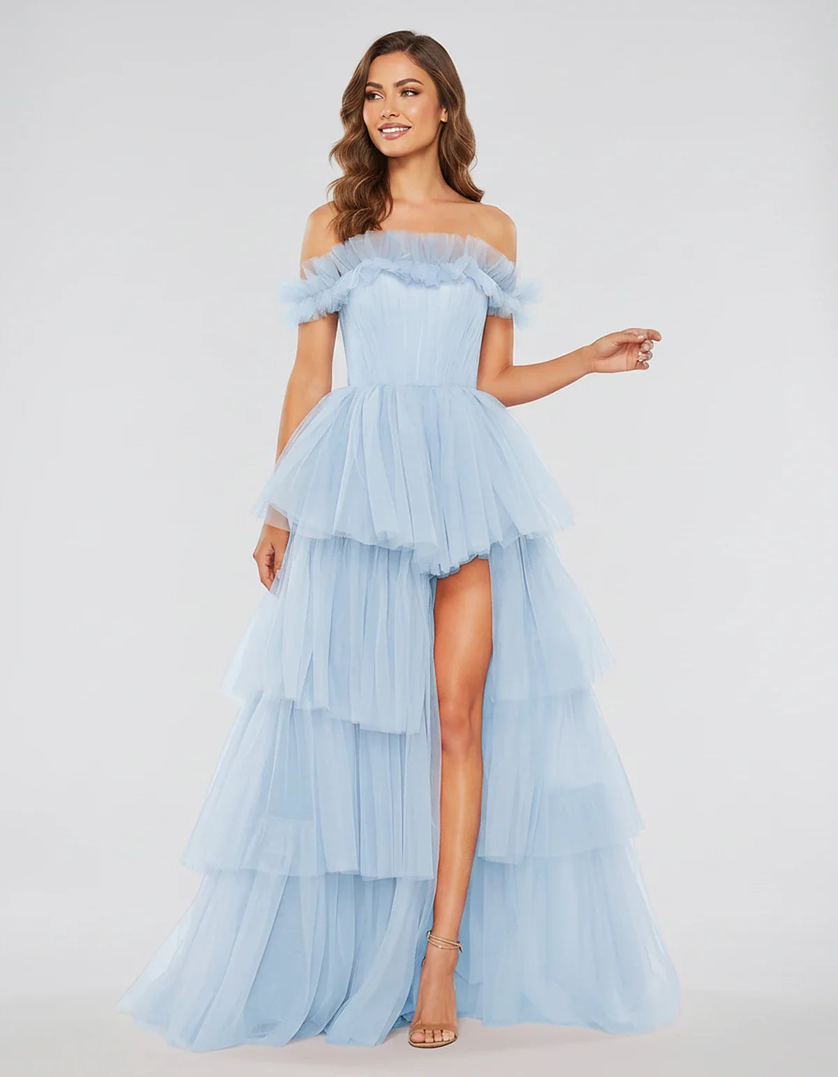Tulle Off-Shoulder Ruffle Sleeve A-Line Maxi Dress for Party, Cocktail, Evening, Wedding Guest, Prom & Summer Events, front v | SKU: CMD-581473920684157-LIGHTBLUE-L,CMD-581473920684157-LIGHTBLUE-M,CMD-581473920684157-LIGHTBLUE-S,CMD-581473920684157-LIGHTBLUE-XL,CMD-581473920684157-LIGHTBLUE-XS