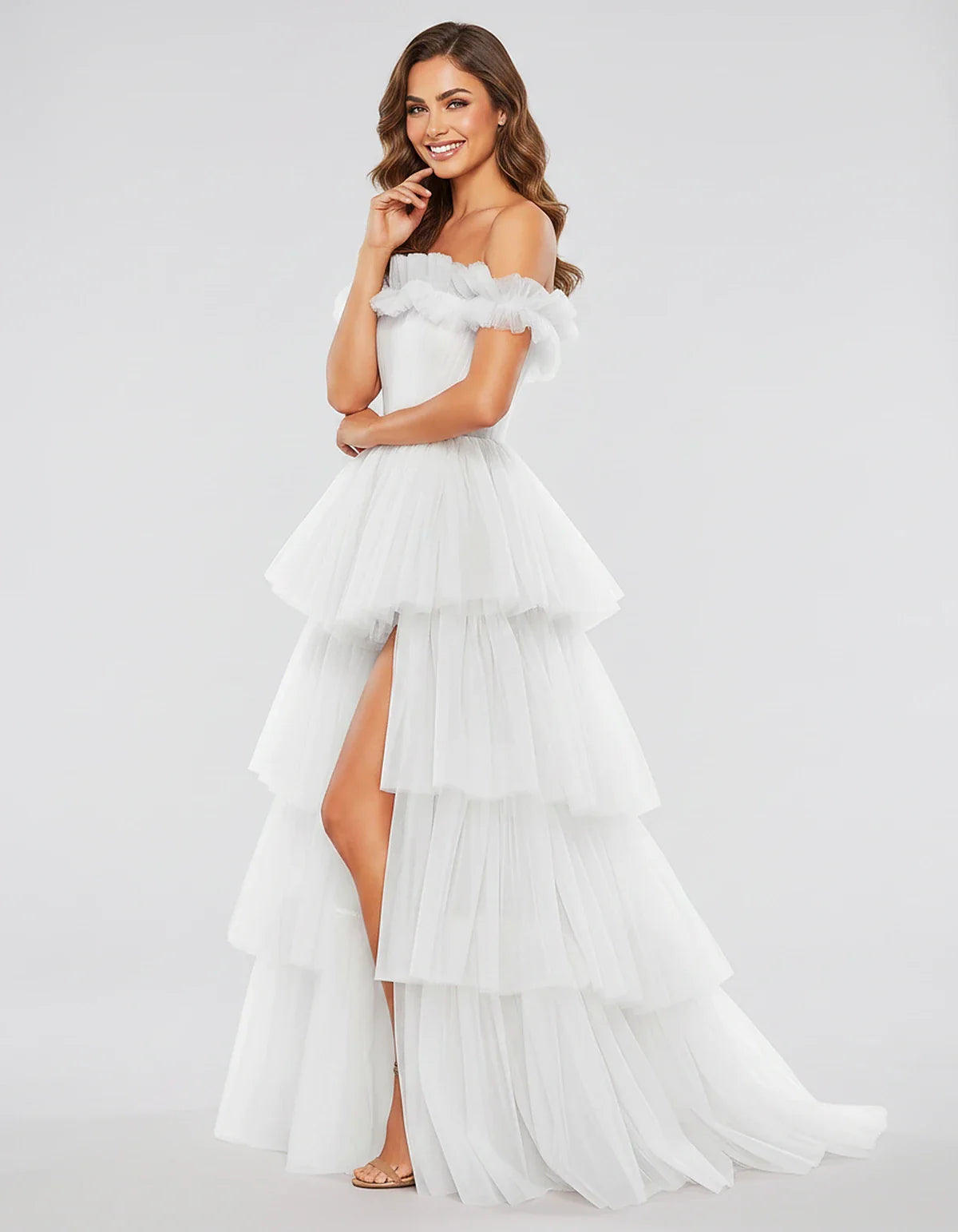 Tulle Off-Shoulder Ruffle Sleeve A-Line Maxi Dress for Party, Cocktail, Evening, Wedding Guest, Prom & Summer Events, side vi | SKU: CMD-581473920684157-WHITE-L,CMD-581473920684157-WHITE-M,CMD-581473920684157-WHITE-S,CMD-581473920684157-WHITE-XL,CMD-581473920684157-WHITE-XS