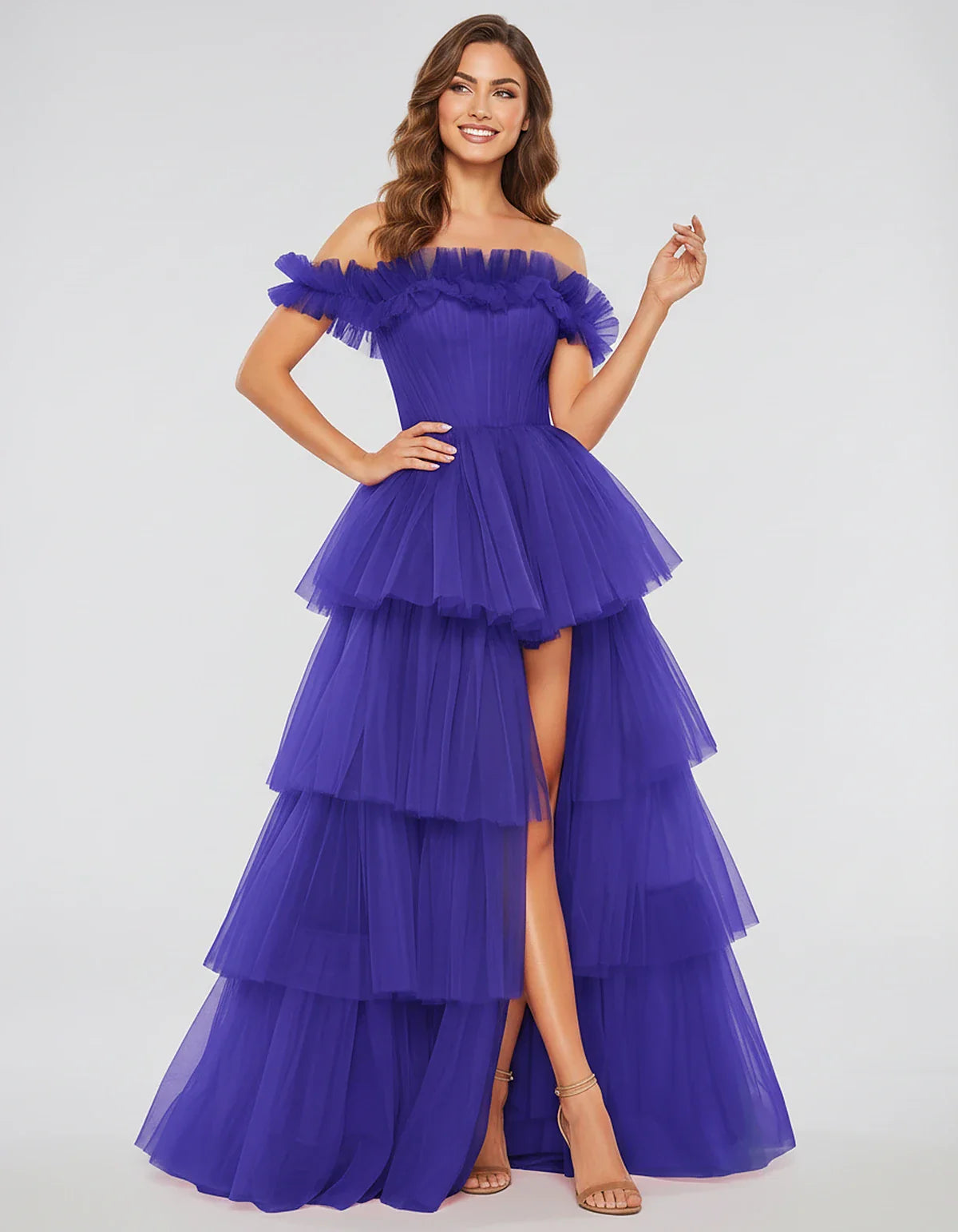 Tulle Off-Shoulder Ruffle Sleeve A-Line Maxi Dress for Party, Cocktail, Evening, Wedding Guest, Prom & Summer Events, front v | SKU: CMD-581473920684157-ROYALBLUE-L,CMD-581473920684157-ROYALBLUE-M,CMD-581473920684157-ROYALBLUE-S,CMD-581473920684157-ROYALBLUE-XL,CMD-581473920684157-ROYALBLUE-XS