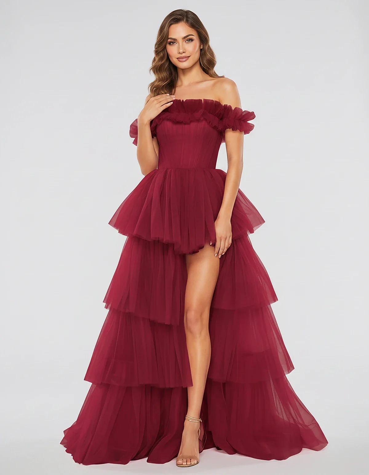 Tulle Off-Shoulder Ruffle Sleeve A-Line Maxi Dress for Party, Cocktail, Evening, Wedding Guest, Prom & Summer Events, front v | SKU: CMD-581473920684157-WINE-L,CMD-581473920684157-WINE-M,CMD-581473920684157-WINE-S,CMD-581473920684157-WINE-XL,CMD-581473920684157-WINE-XS