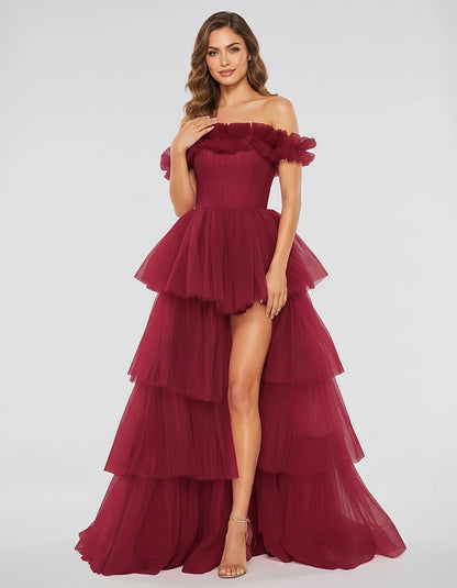 Tulle Off-Shoulder Ruffle Sleeve A-Line Maxi Dress for Party, Cocktail, Evening, Wedding Guest, Prom & Summer Events, front v | SKU: CMD-581473920684157-WINE-L,CMD-581473920684157-WINE-M,CMD-581473920684157-WINE-S,CMD-581473920684157-WINE-XL,CMD-581473920684157-WINE-XS
