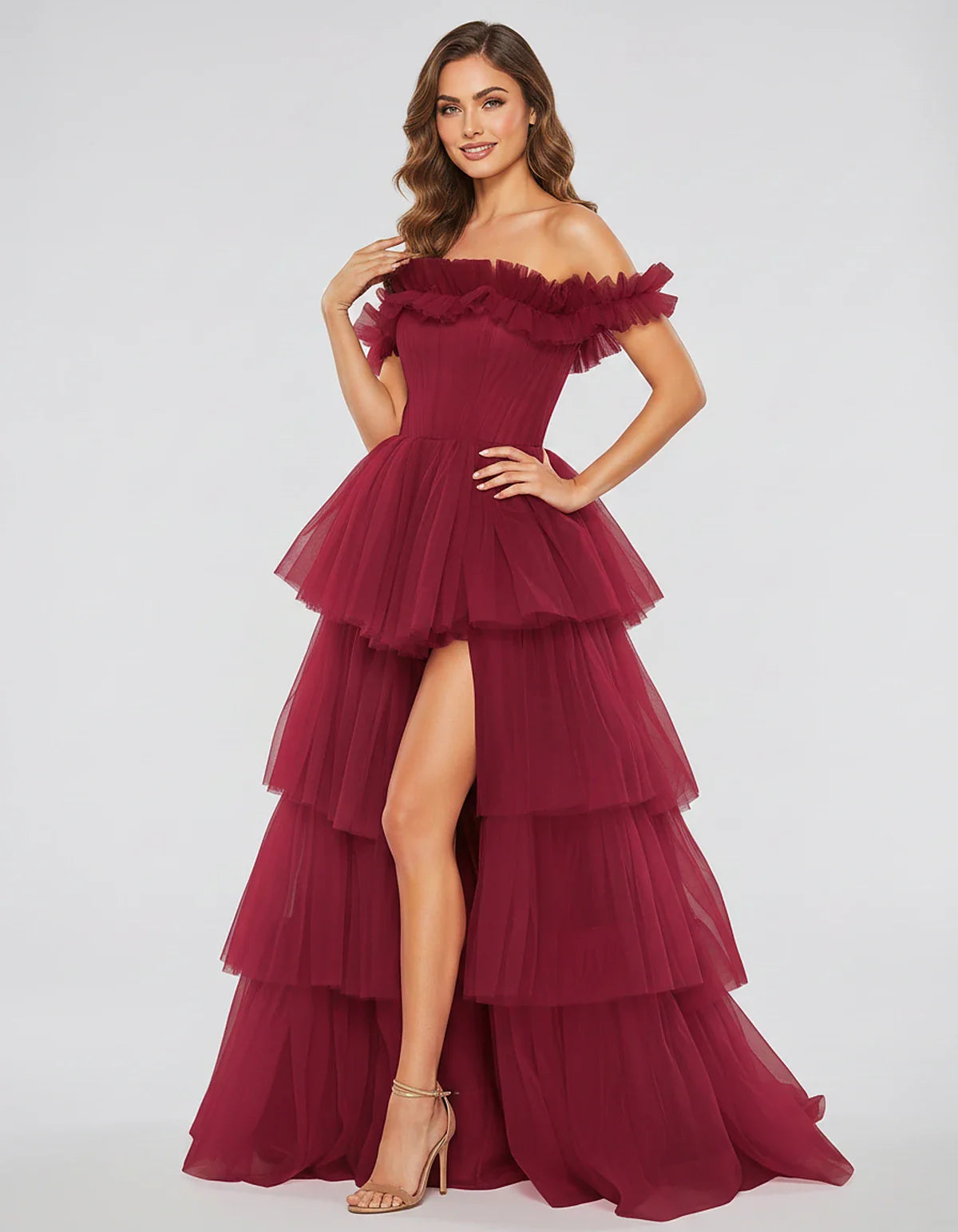 Tulle Off-Shoulder Ruffle Sleeve A-Line Maxi Dress for Party, Cocktail, Evening, Wedding Guest, Prom & Summer Events, front v | SKU: CMD-581473920684157-WINE-L,CMD-581473920684157-WINE-M,CMD-581473920684157-WINE-S,CMD-581473920684157-WINE-XL,CMD-581473920684157-WINE-XS
