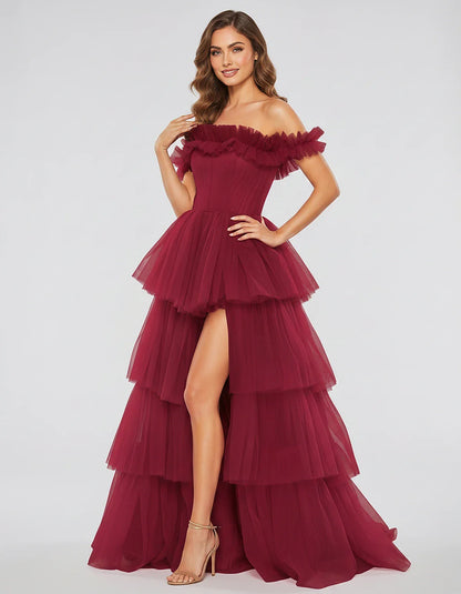 Tulle Off-Shoulder Ruffle Sleeve A-Line Maxi Dress for Party, Cocktail, Evening, Wedding Guest, Prom & Summer Events, front v | SKU: CMD-581473920684157-WINE-L,CMD-581473920684157-WINE-M,CMD-581473920684157-WINE-S,CMD-581473920684157-WINE-XL,CMD-581473920684157-WINE-XS