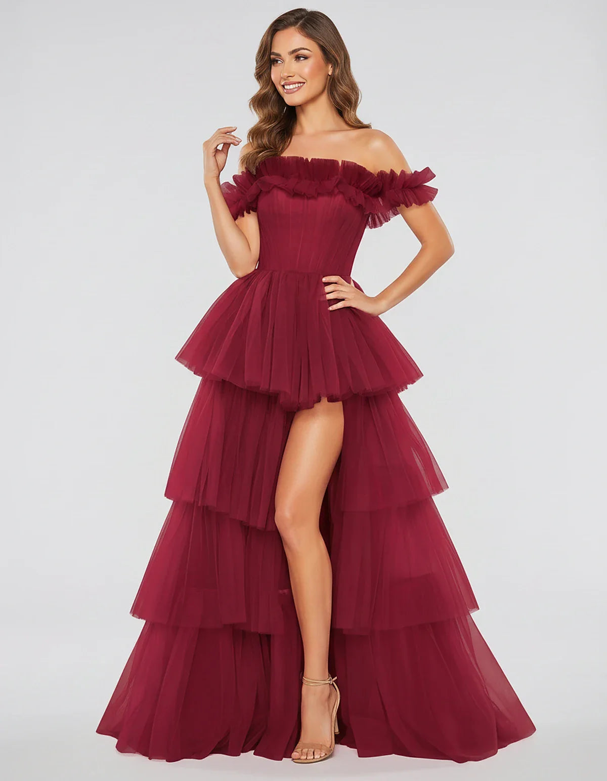 Tulle Off-Shoulder Ruffle Sleeve A-Line Maxi Dress for Party, Cocktail, Evening, Wedding Guest, Prom & Summer Events, front v | SKU: CMD-581473920684157-WINE-L,CMD-581473920684157-WINE-M,CMD-581473920684157-WINE-S,CMD-581473920684157-WINE-XL,CMD-581473920684157-WINE-XS