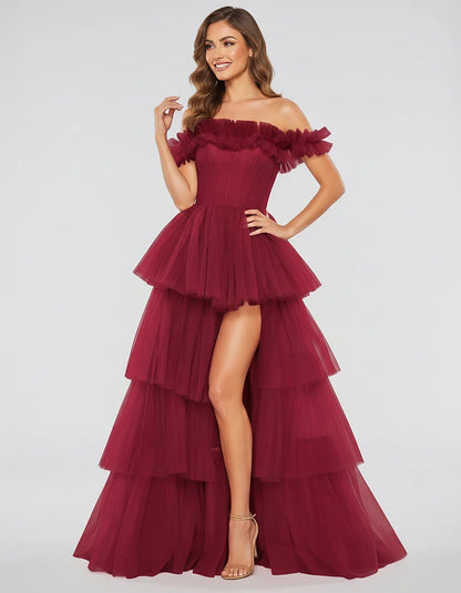 Tulle Off-Shoulder Ruffle Sleeve A-Line Maxi Dress for Party, Cocktail, Evening, Wedding Guest, Prom & Summer Events, front v | SKU: CMD-581473920684157-WINE-L,CMD-581473920684157-WINE-M,CMD-581473920684157-WINE-S,CMD-581473920684157-WINE-XL,CMD-581473920684157-WINE-XS