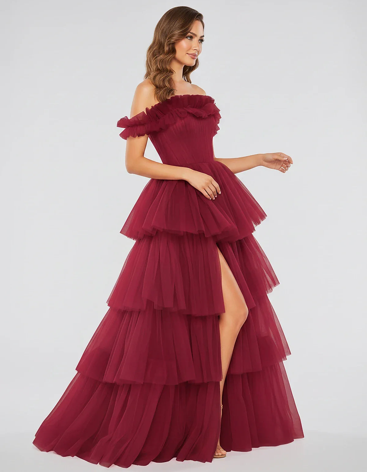 Tulle Off-Shoulder Ruffle Sleeve A-Line Maxi Dress for Party, Cocktail, Evening, Wedding Guest, Prom & Summer Events, side vi | SKU: CMD-581473920684157-WINE-L,CMD-581473920684157-WINE-M,CMD-581473920684157-WINE-S,CMD-581473920684157-WINE-XL,CMD-581473920684157-WINE-XS