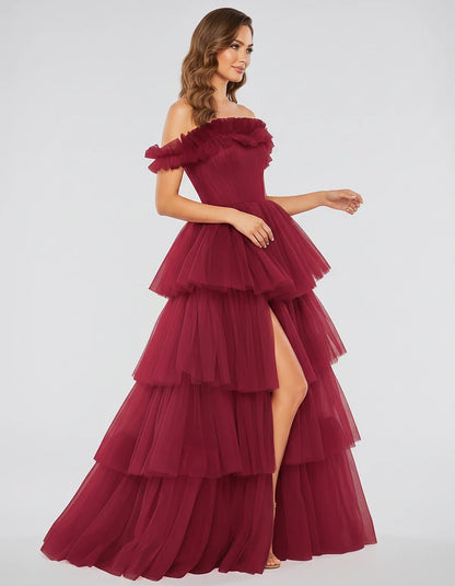 Tulle Off-Shoulder Ruffle Sleeve A-Line Maxi Dress for Party, Cocktail, Evening, Wedding Guest, Prom & Summer Events, side vi | SKU: CMD-581473920684157-WINE-L,CMD-581473920684157-WINE-M,CMD-581473920684157-WINE-S,CMD-581473920684157-WINE-XL,CMD-581473920684157-WINE-XS