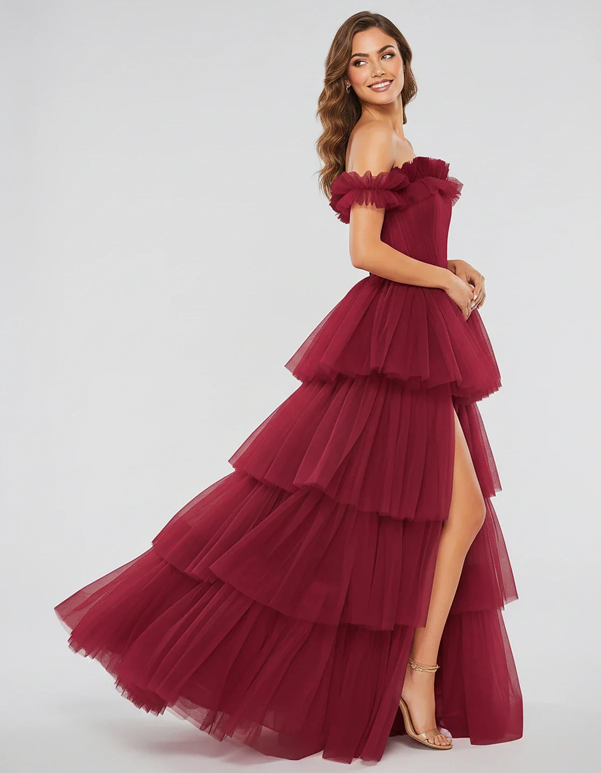 Tulle Off-Shoulder Ruffle Sleeve A-Line Maxi Dress for Party, Cocktail, Evening, Wedding Guest, Prom & Summer Events, side vi | SKU: CMD-581473920684157-WINE-L,CMD-581473920684157-WINE-M,CMD-581473920684157-WINE-S,CMD-581473920684157-WINE-XL,CMD-581473920684157-WINE-XS