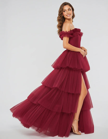 Tulle Off-Shoulder Ruffle Sleeve A-Line Maxi Dress for Party, Cocktail, Evening, Wedding Guest, Prom & Summer Events, side vi | SKU: CMD-581473920684157-WINE-L,CMD-581473920684157-WINE-M,CMD-581473920684157-WINE-S,CMD-581473920684157-WINE-XL,CMD-581473920684157-WINE-XS