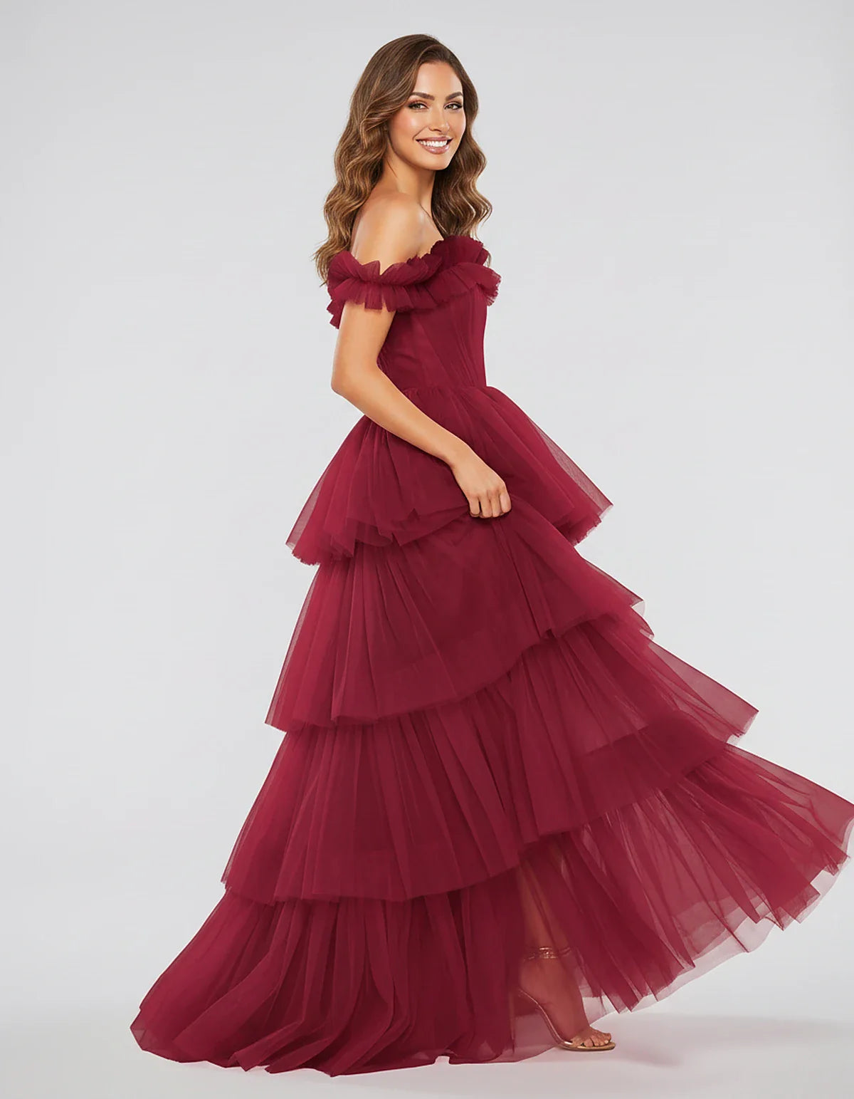 Tulle Off-Shoulder Ruffle Sleeve A-Line Maxi Dress for Party, Cocktail, Evening, Wedding Guest, Prom & Summer Events, side vi | SKU: CMD-581473920684157-WINE-L,CMD-581473920684157-WINE-M,CMD-581473920684157-WINE-S,CMD-581473920684157-WINE-XL,CMD-581473920684157-WINE-XS
