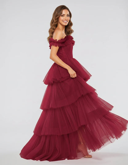 Tulle Off-Shoulder Ruffle Sleeve A-Line Maxi Dress for Party, Cocktail, Evening, Wedding Guest, Prom & Summer Events, side vi | SKU: CMD-581473920684157-WINE-L,CMD-581473920684157-WINE-M,CMD-581473920684157-WINE-S,CMD-581473920684157-WINE-XL,CMD-581473920684157-WINE-XS