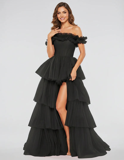 Tulle Off-Shoulder Ruffle Sleeve A-Line Maxi Dress for Party, Cocktail, Evening, Wedding Guest, Prom & Summer Events, front v | SKU: CMD-581473920684157-BLACK-L,CMD-581473920684157-BLACK-M,CMD-581473920684157-BLACK-S,CMD-581473920684157-BLACK-XL,CMD-581473920684157-BLACK-XS