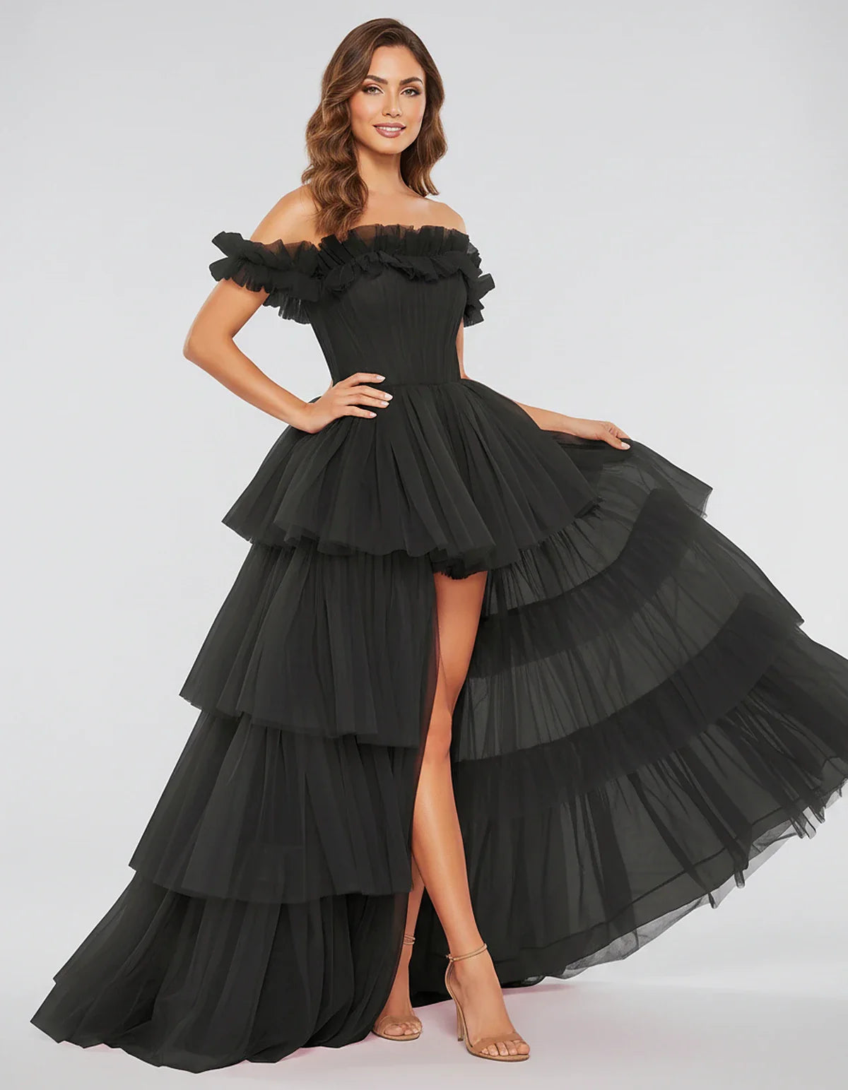 Tulle Off-Shoulder Ruffle Sleeve A-Line Maxi Dress for Party, Cocktail, Evening, Wedding Guest, Prom & Summer Events, front v | SKU: CMD-581473920684157-BLACK-L,CMD-581473920684157-BLACK-M,CMD-581473920684157-BLACK-S,CMD-581473920684157-BLACK-XL,CMD-581473920684157-BLACK-XS