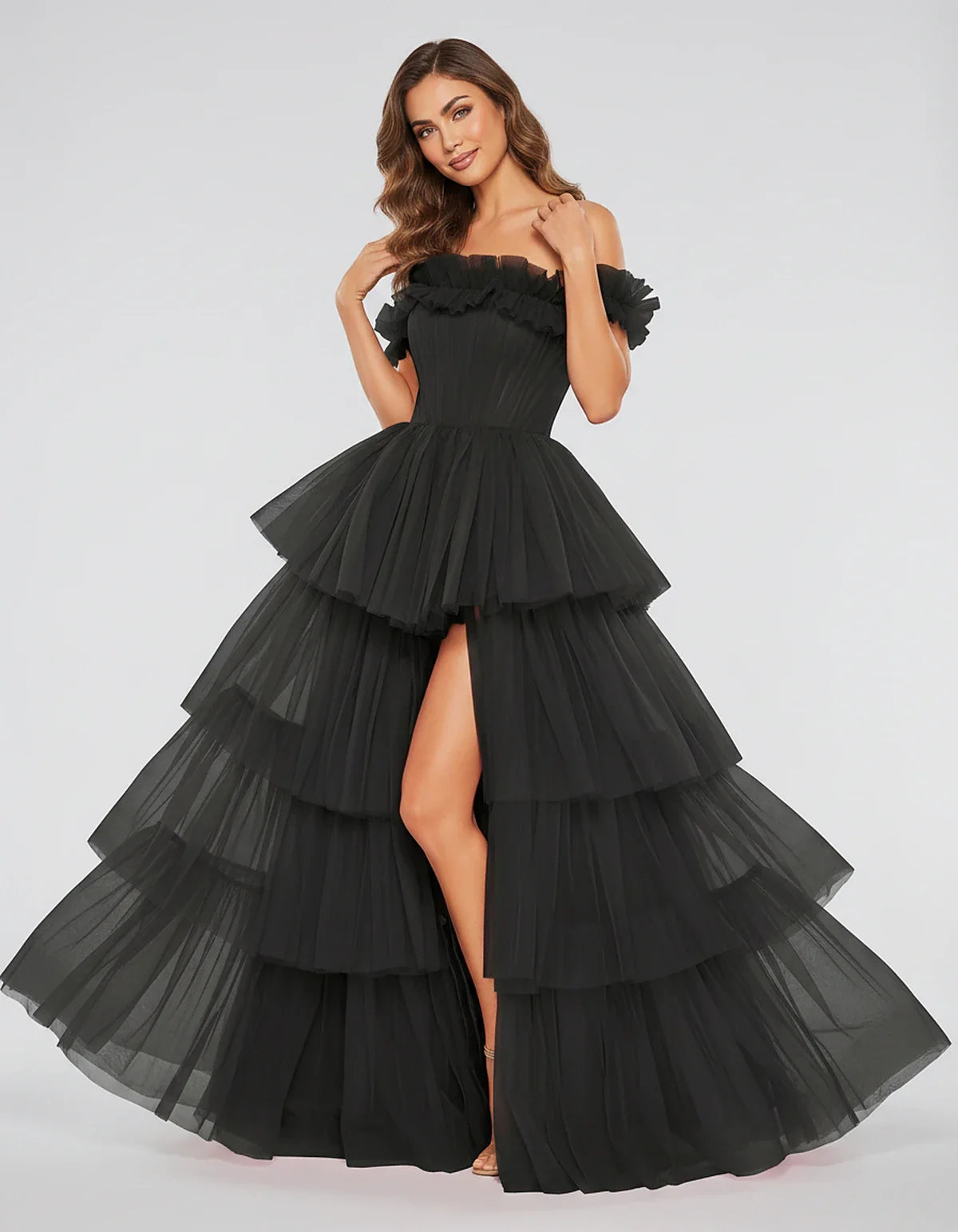 Tulle Off-Shoulder Ruffle Sleeve A-Line Maxi Dress for Party, Cocktail, Evening, Wedding Guest, Prom & Summer Events, front v | SKU: CMD-581473920684157-BLACK-L,CMD-581473920684157-BLACK-M,CMD-581473920684157-BLACK-S,CMD-581473920684157-BLACK-XL,CMD-581473920684157-BLACK-XS