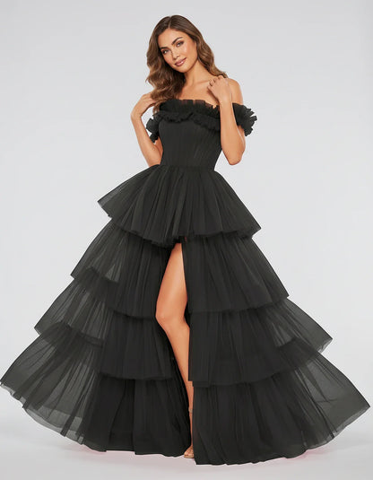 Tulle Off-Shoulder Ruffle Sleeve A-Line Maxi Dress for Party, Cocktail, Evening, Wedding Guest, Prom & Summer Events, front v | SKU: CMD-581473920684157-BLACK-L,CMD-581473920684157-BLACK-M,CMD-581473920684157-BLACK-S,CMD-581473920684157-BLACK-XL,CMD-581473920684157-BLACK-XS