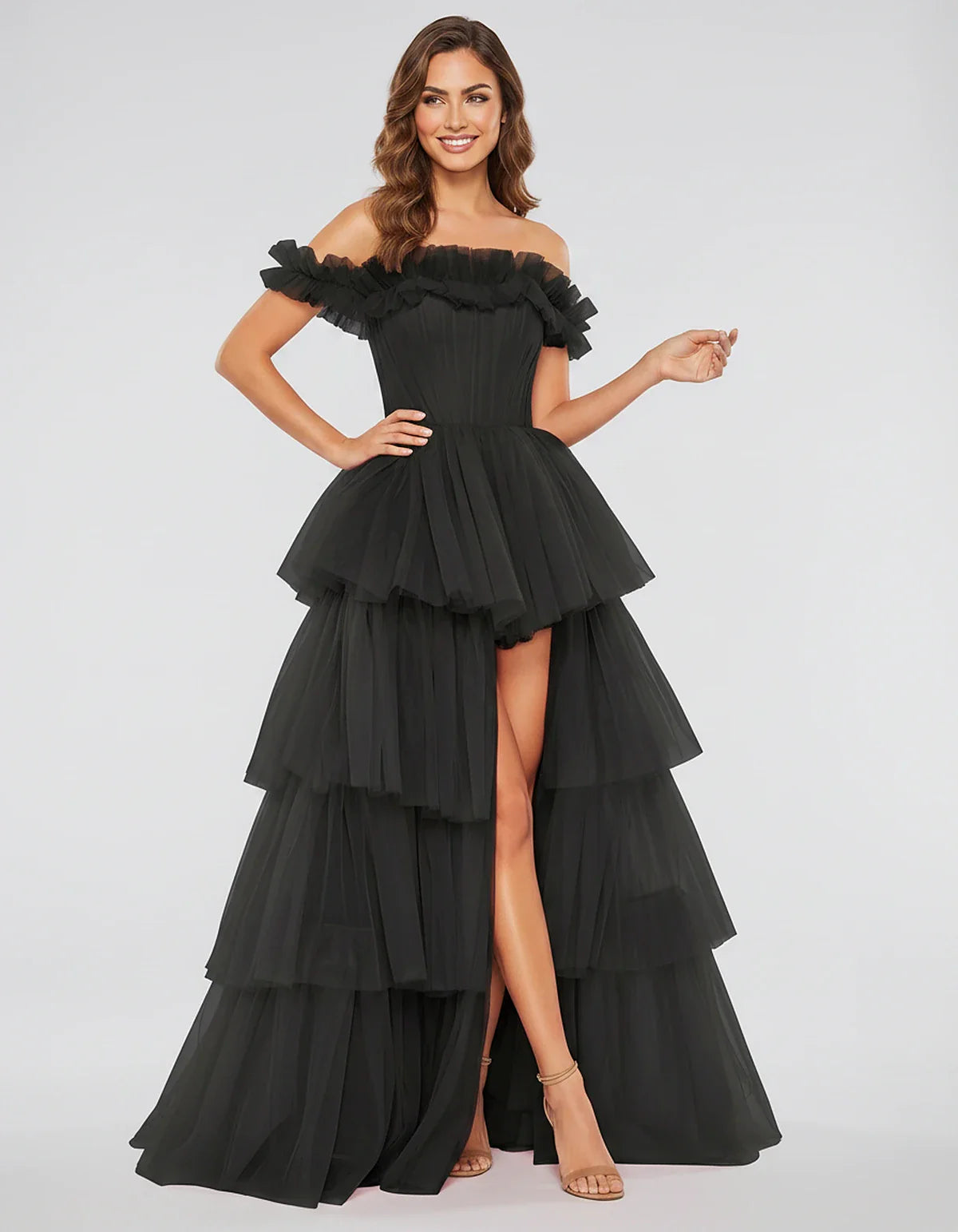 Tulle Off-Shoulder Ruffle Sleeve A-Line Maxi Dress for Party, Cocktail, Evening, Wedding Guest, Prom & Summer Events, front v | SKU: CMD-581473920684157-BLACK-L,CMD-581473920684157-BLACK-M,CMD-581473920684157-BLACK-S,CMD-581473920684157-BLACK-XL,CMD-581473920684157-BLACK-XS