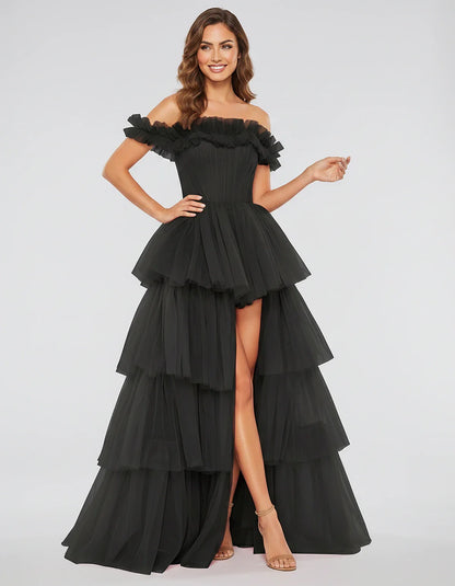 Tulle Off-Shoulder Ruffle Sleeve A-Line Maxi Dress for Party, Cocktail, Evening, Wedding Guest, Prom & Summer Events, front v | SKU: CMD-581473920684157-BLACK-L,CMD-581473920684157-BLACK-M,CMD-581473920684157-BLACK-S,CMD-581473920684157-BLACK-XL,CMD-581473920684157-BLACK-XS